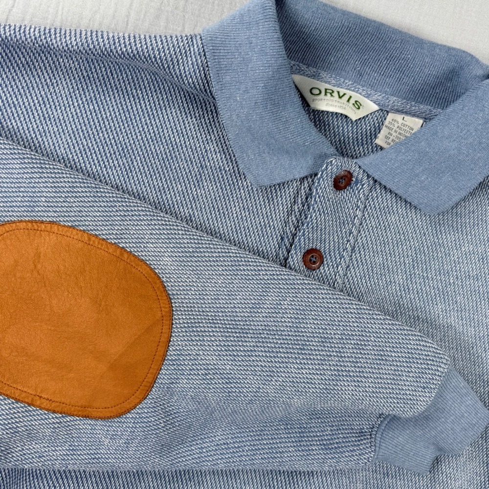 Orvis Mens Polo Sweatshirt Large Blue Textured Knit Long‎ Sleeve Elbow Patches